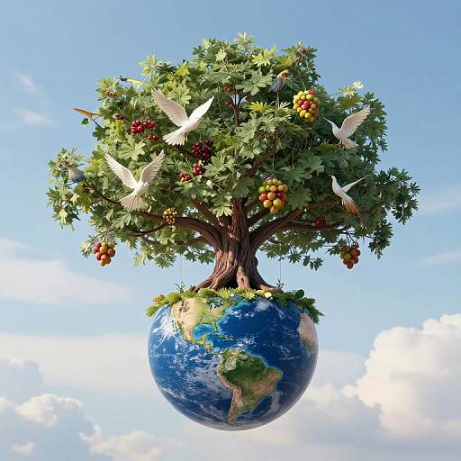 Photograph-like digital illustration of a fruit tree with green leaves, red and yellow berries, and white birds, floating above a blue Earth against a bright
