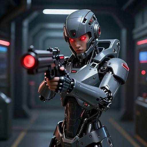 Photorealistic CGI of a silver robotic soldier with red glowing eyes aiming a futuristic gun in a dark, industrial corridor.