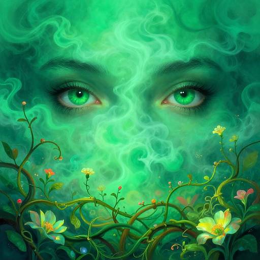 Digital artwork of a mystical, green-eyed face with swirling, ethereal background, surrounded by vibrant, glowing flowers and vines at the bottom.