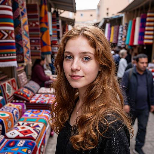 Photograph of a young woman with long, wavy auburn hair, fair skin, and blue eyes, smiling at a vibrant, colorful market