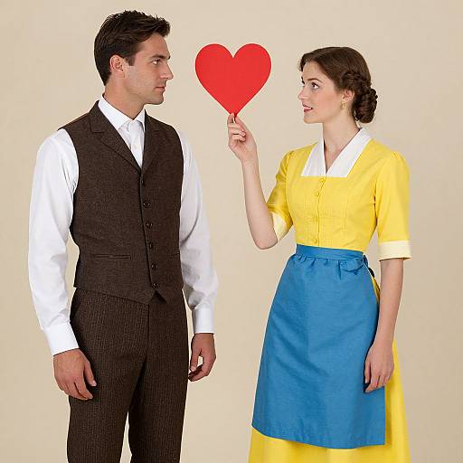 Photograph of a man in a black vest and white shirt, standing opposite a woman in a yellow dress with blue apron, holding a red heart