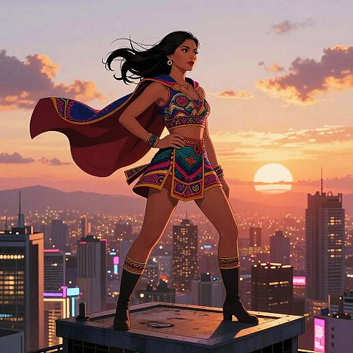 Digital illustration of a confident woman in colorful superhero attire, standing on a rooftop at sunset, cityscape with glowing lights in background.