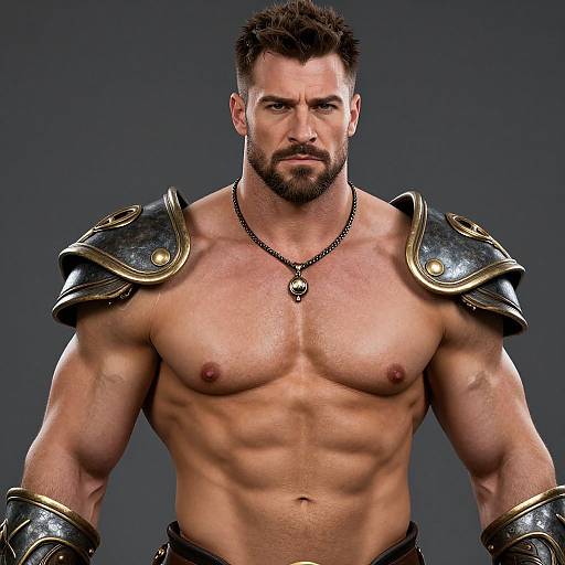 Photograph of a muscular, bearded man with short dark hair, wearing black and gold shoulder armor, necklace, and arm bracers, against a