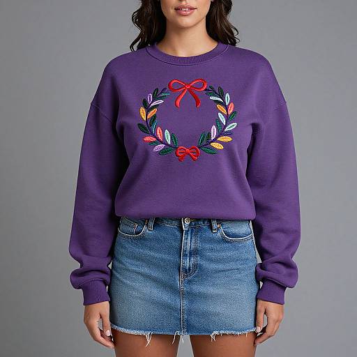 Photograph of a woman wearing a purple sweatshirt with a red bow and floral wreath embroidery, and a frayed denim skirt.