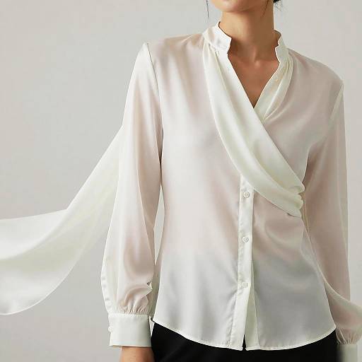 Photograph of a person wearing a white, semi-transparent, button-up blouse with long sleeves, slightly open at the collar, against a plain white background
