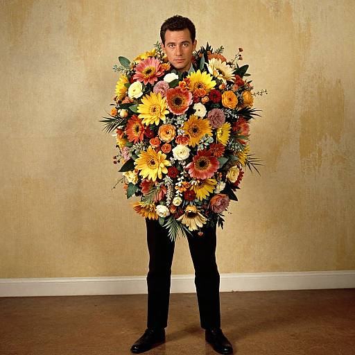 Photograph of a man with short dark hair, wearing black pants and shoes, standing against a beige textured wall, with a large, colorful bouquet of