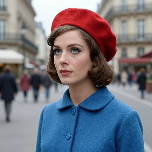 Photograph of a fair-skinned woman with short brown hair, wearing a vibrant red beret and blue coat, standing on a bustling European street with