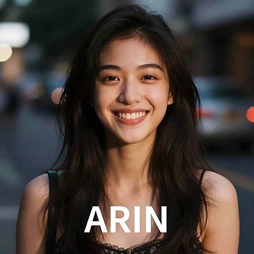 Photograph of a smiling young Asian woman with long black hair, wearing a black top, standing on a blurred city street at dusk. Text 