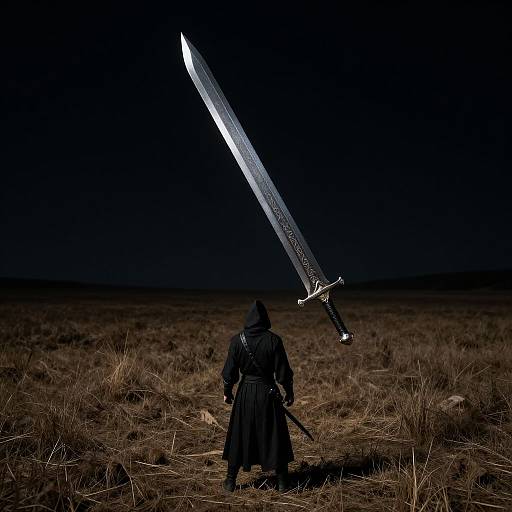 Photograph of a hooded figure in a dark cloak, holding a large, gleaming silver sword raised high, standing in a barren, grassy