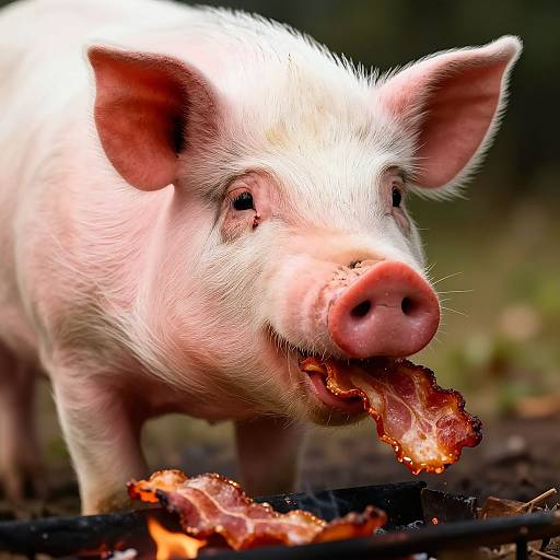 Photograph of a white pig with pink ears and nose, eating crispy bacon, standing on dirt with more bacon in the foreground.