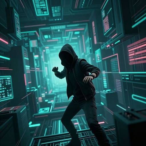 Cyberpunk digital artwork of a hooded figure in dark clothing, striking a dynamic pose in a neon-lit, futuristic server room with glowing blue