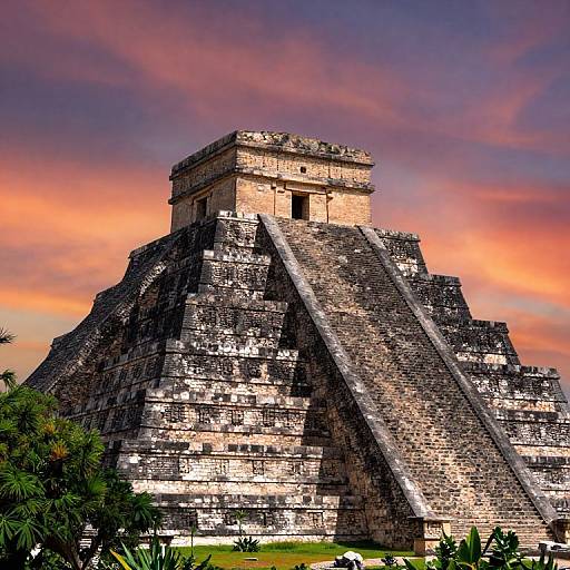 Photograph of the Pyramid of Kukulkan at Chichen Itza, Mexico, with a vibrant sunset sky, featuring a massive stone staircase and ancient