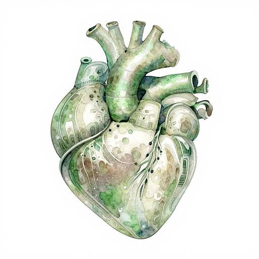 Digital art of a metallic, multi-colored human heart with intricate, mechanical parts and tubes, set against a white background.