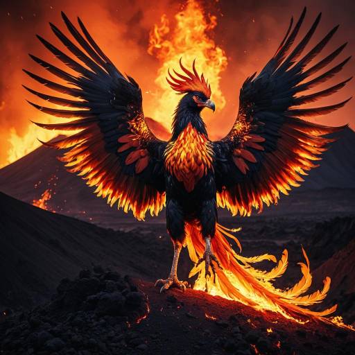 Fiery Phoenix Rising from Volcanic Landscape