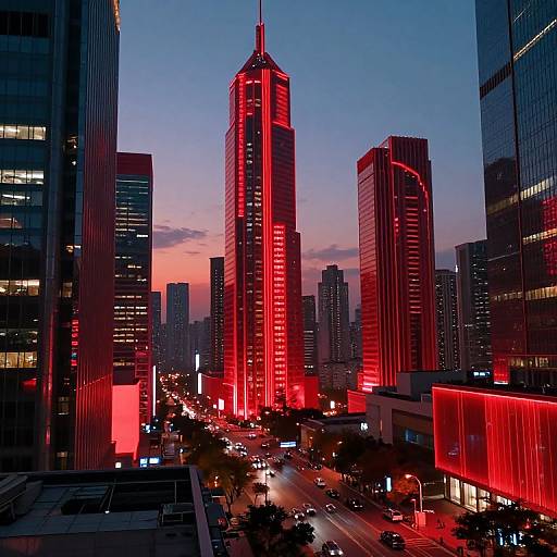 Photograph of a cityscape at dusk, featuring a towering skyscraper illuminated in vibrant red lights, surrounded by other darkened buildings, with a busy