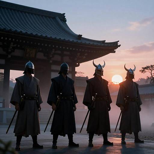 Silhouetted Robed Figures at Sunset Shrine