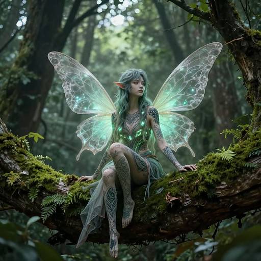 Digital fantasy artwork of a green-haired, tattooed fairy with glowing wings, sitting on a moss-covered tree branch in a lush forest.