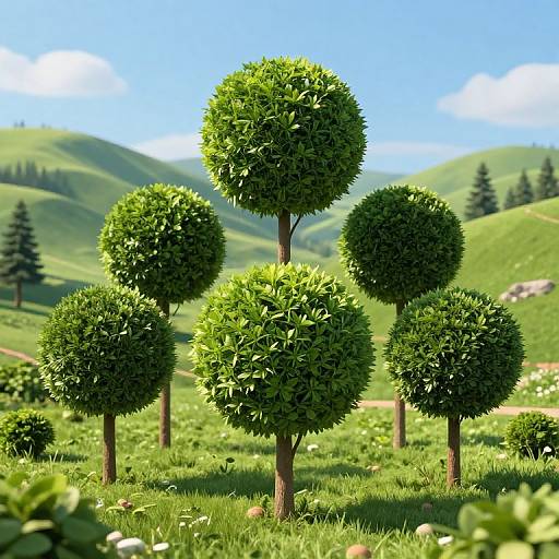 Floating Green Topiaries Over Landscape