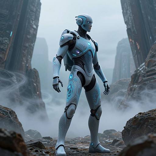CGI image of a futuristic, blue-lit, humanoid robot standing in a misty, rocky, sci-fi landscape between towering, dark, metallic