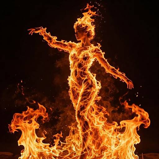 Photograph of a fiery silhouette of a dancing woman, with bright orange flames against a dark background, capturing movement and heat.