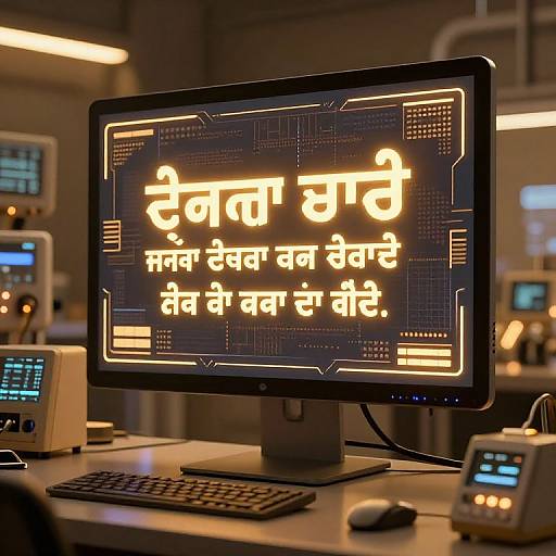 Photograph of a computer monitor displaying bright yellow Hindi text on a dark background, surrounded by tech equipment in a dimly lit control room.