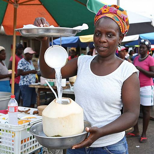 Woman Serving Chilled Coconut at Market