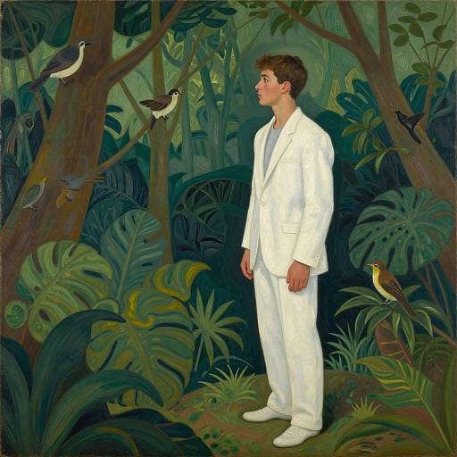 Digital painting of a young man in a white suit standing in a lush, tropical forest, surrounded by various birds on trees and plants. He gazes
