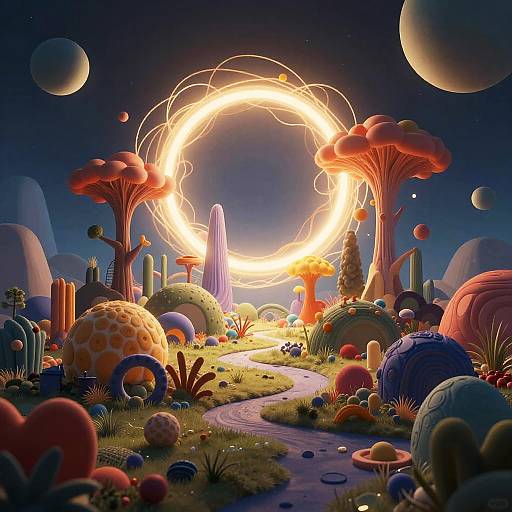 Digital illustration of a vibrant, surreal landscape with glowing circular light, colorful mushrooms, and planets against a starry night sky.