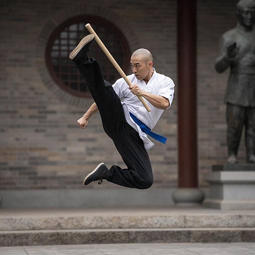 Dynamic Martial Artist Mid-Air Kick