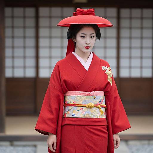 Photograph of an Asian woman in a vibrant red kimono with white trim, floral obi, and red hat, standing in front of traditional Japanese