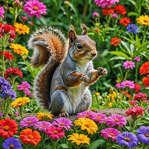 Playful Squirrel in Flower Garden Playful Squirrel in Flower Garden