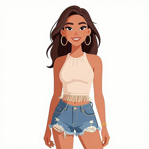Digital illustration of a smiling young woman with long brown hair, large hoop earrings, white frilled halter top, and blue distressed denim shorts. White