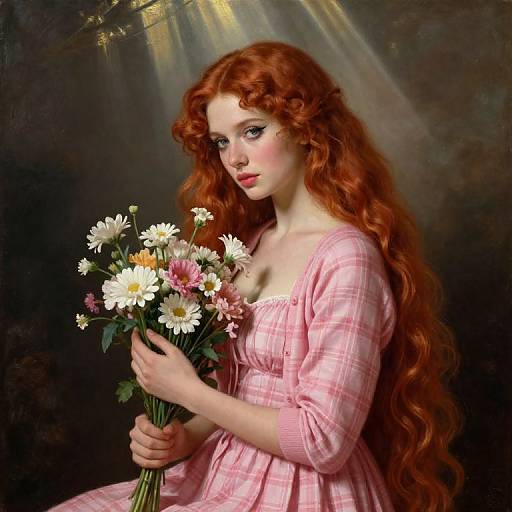 Digital painting of a fair-skinned, red-haired woman in a pink plaid dress, holding a bouquet of white and pink daisies, with
