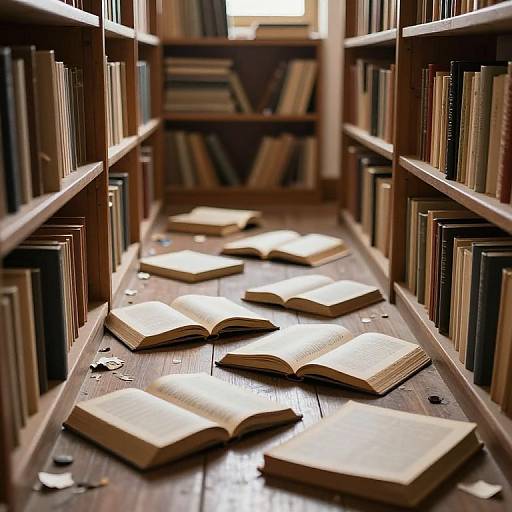 Sunlit Aisle with Scattered Books