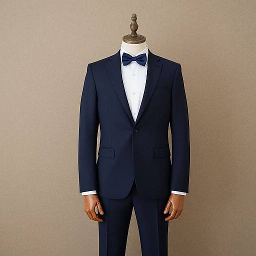 Photograph of a headless mannequin in a dark navy blue tuxedo with a white dress shirt and black bow tie, standing against a