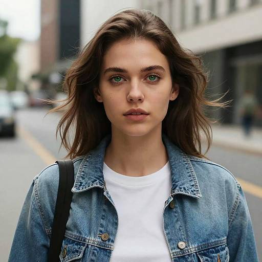Photograph of a young woman with green eyes, wearing a denim jacket over a white shirt, standing on a city street.