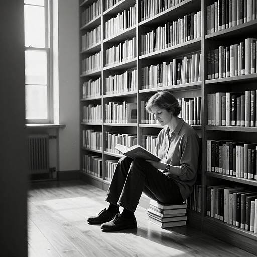 Black-and-white photograph of a woman with short hair, dressed in a suit, sitting on stacks of books, reading in a sunlit library with tall