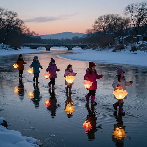 Photograph of six children in winter clothes holding glowing lanterns, walking in a snow-covered stream at sunset, with a bridge and trees in the background