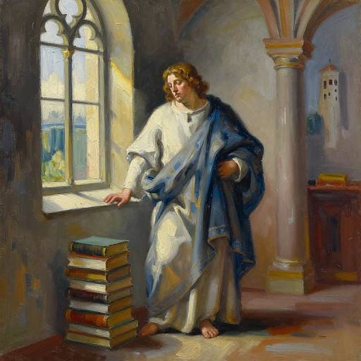 Oil painting of a bearded man with wavy brown hair, wearing a white robe and blue cloak, standing by a sunlit window, next to