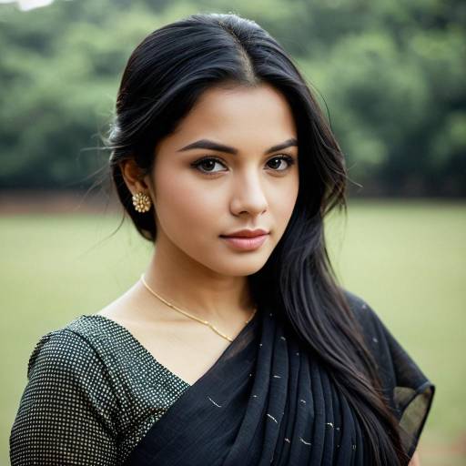 Young Woman in Black Chiffon Saree Outdoors