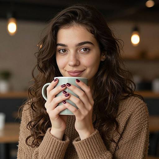 Photograph of a young woman with long, wavy brown hair, light skin, and dark eyes, holding a white mug, wearing a brown knit