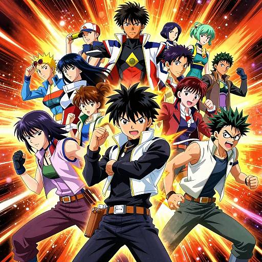 Anime-style digital illustration of a dynamic group of 12 characters with spiky hair, wearing various outfits, in action poses, surrounded by bright, explosive