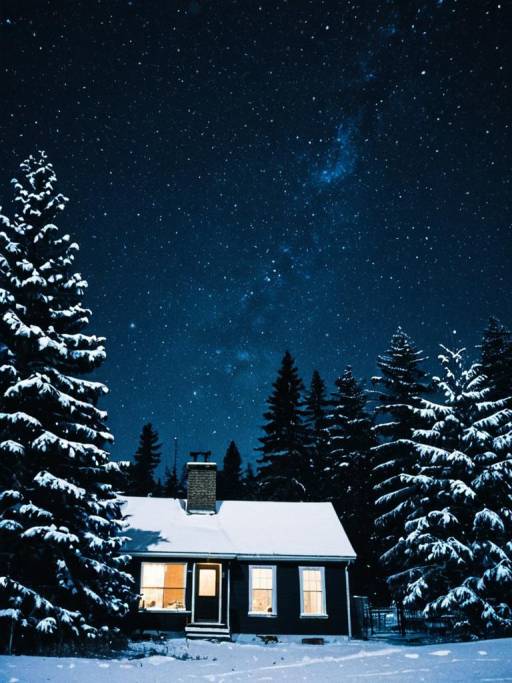Snowy Cabin Under Starry Night Sky