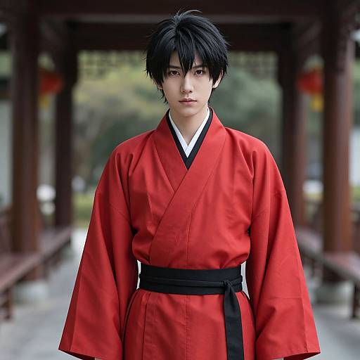 Photorealistic image of an Asian man with black hair, wearing a red kimono with black belt, standing in a traditional wooden hall.