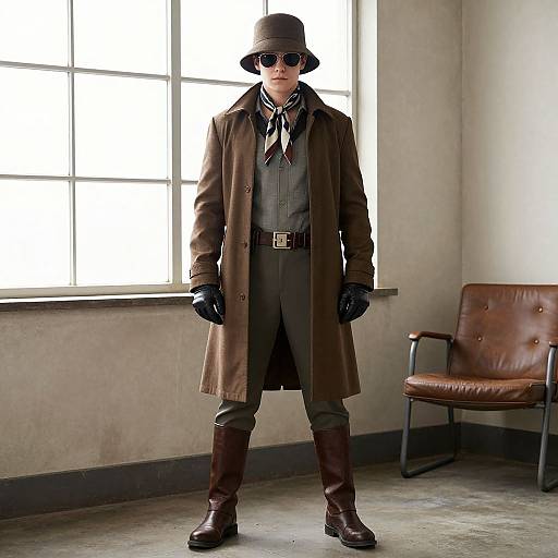 Photograph of a man in a brown trench coat, gloves, fedora, sunglasses, brown pants, boots, and tie, standing in a bright