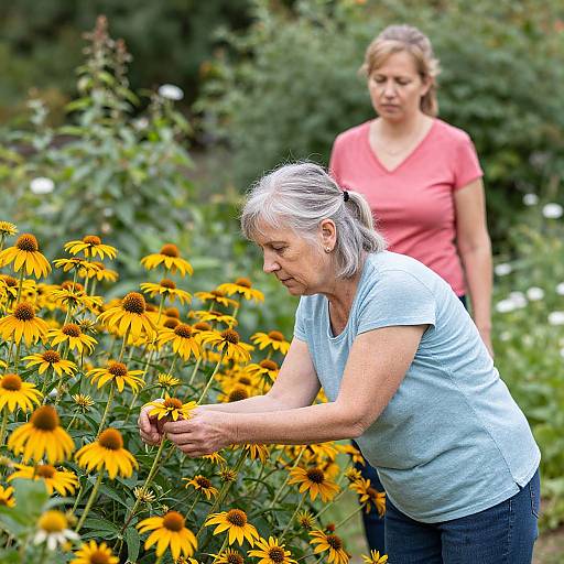Photograph of elderly woman with gray hair, light blue shirt, bending to pick yellow daisies, with younger woman in pink shirt in background,