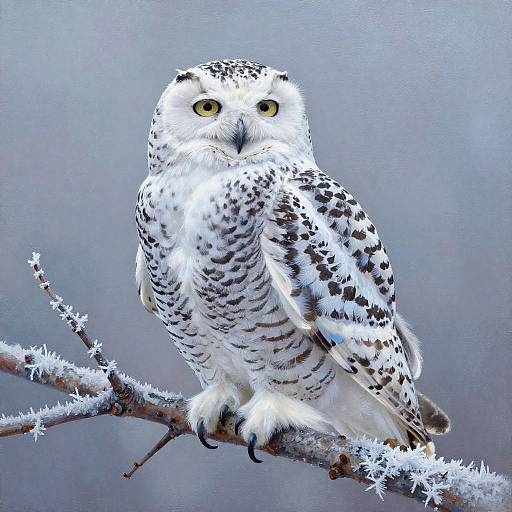 Photograph of a white owl with black speckles perched on a frosty branch, yellow eyes staring forward, against a blurred gray background.
