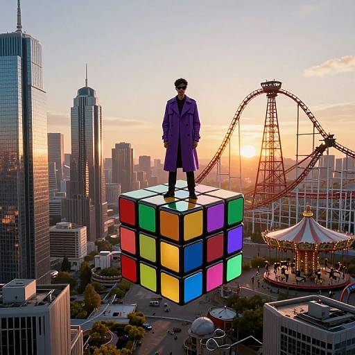 Photograph of a silhouetted figure in a purple coat standing on a giant, colorful Rubik's Cube above a cityscape with a Ferr