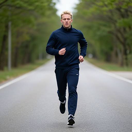 Photograph of a blonde, muscular man with fair skin jogging on a tree-lined, empty road wearing a black athletic jacket and pants.