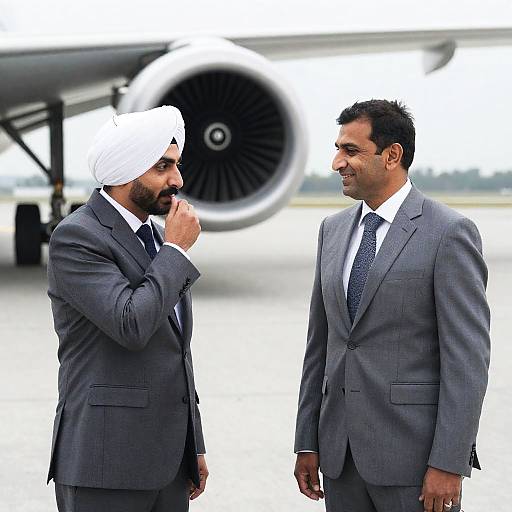 Two Businessmen Talking Near Airplane Engine